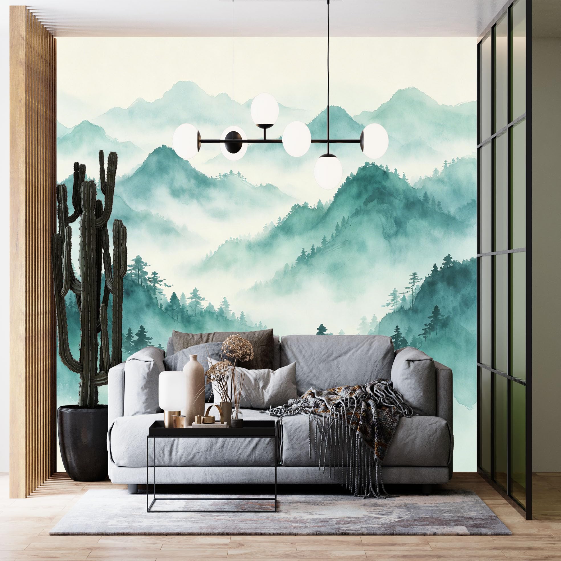 Papier peint forêt brumeuse panoramique effet 3D intissé luxe pour salon