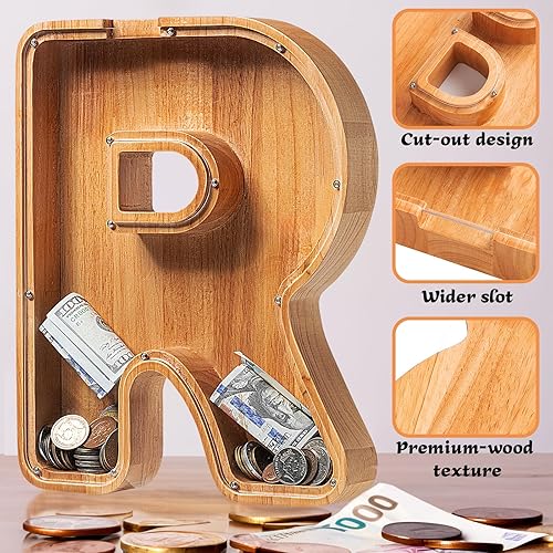Miniatura 2 de Alcancías de madera extra grandes de 12 pulgadas  Alcancías para niños y niñas, bancos de dinero del alfabeto con inicial R  Banco de billetes de