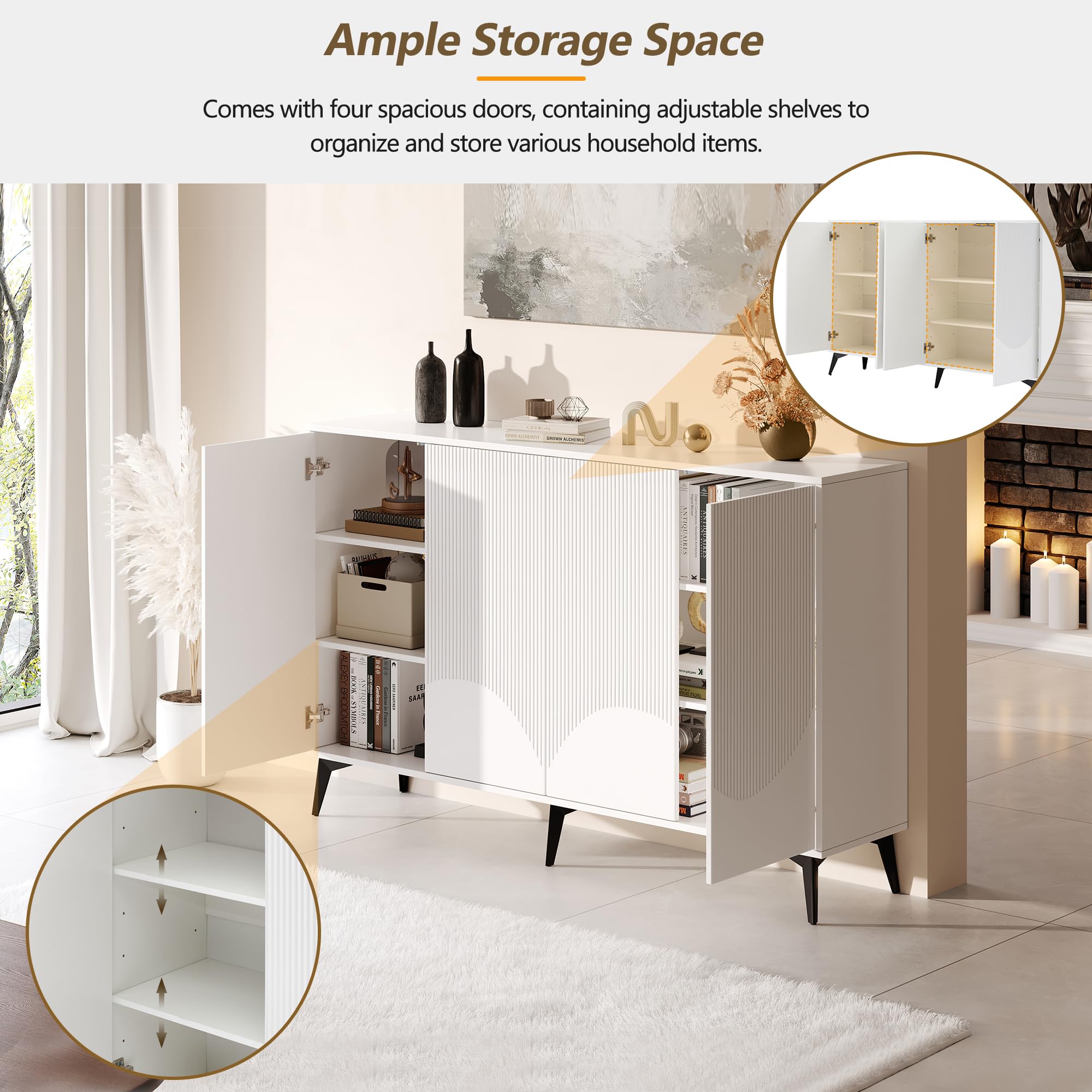 Aparador multifunción de 160 cm de ancho, color blanco, con estantes ajustables, 4 puertas, patas de metal