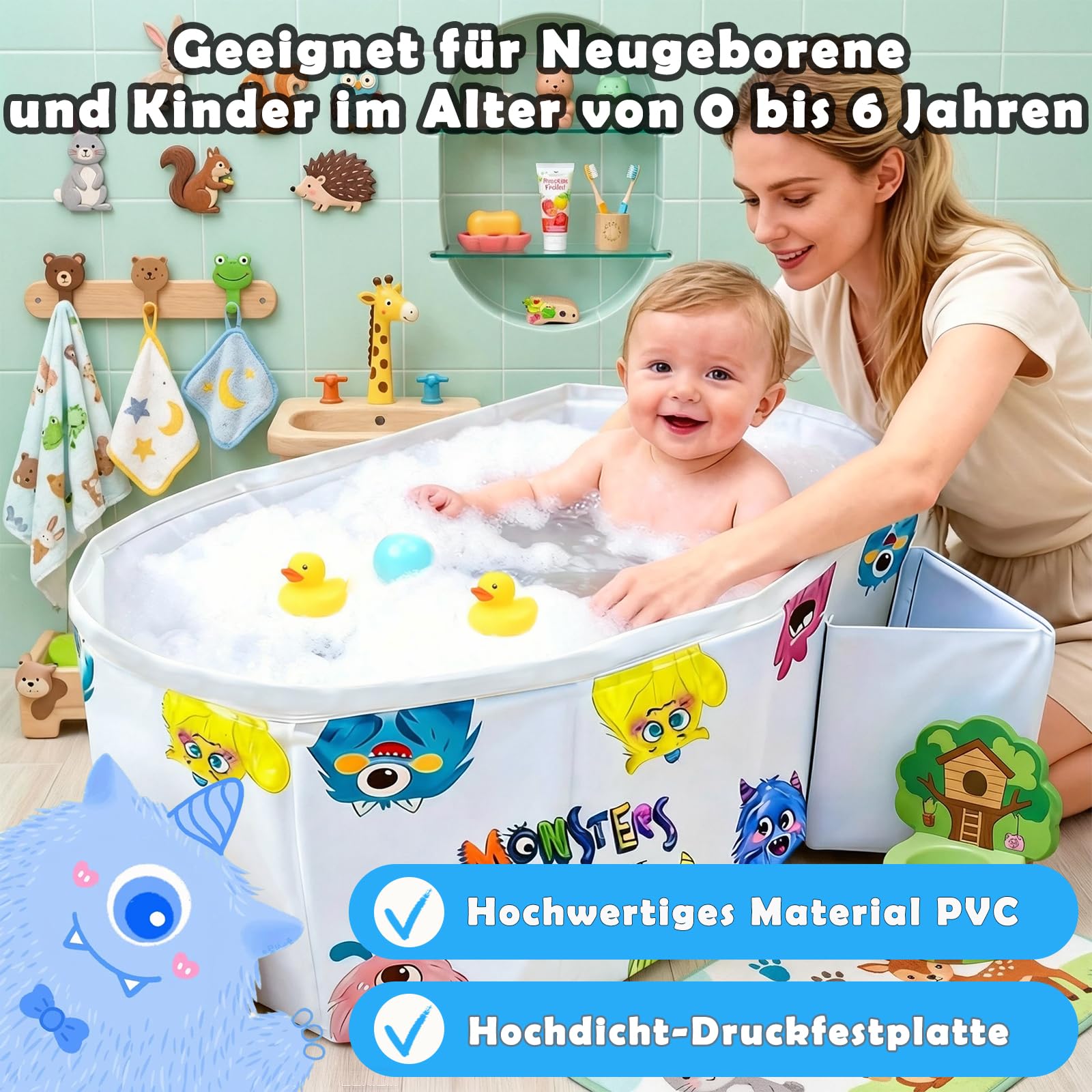 Baby Badewanne,Großraum Babywanne,Baby wanne im Monsterchen Motiv,Platzsparende Babybadewanne Faltbar,Tragbare badewanne kinder,Kinderbadewanne mit Ablassschraube für Kinder von 0-8 Jahre