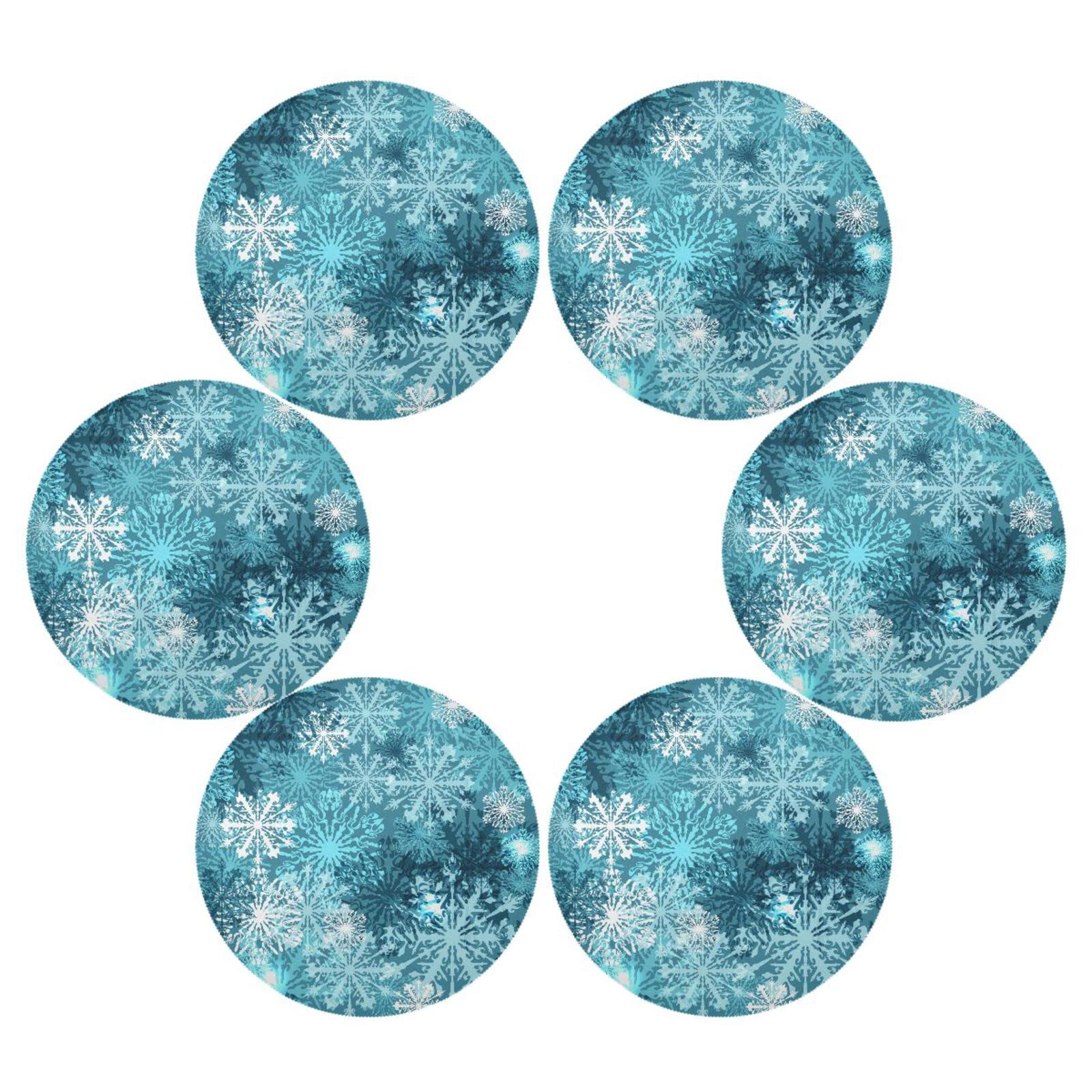 Christmas Placemats Teal Blue White Snowflake Round Placemats Set of 6 for Kitchen Table Washable Kitchen Table Mats Place mats