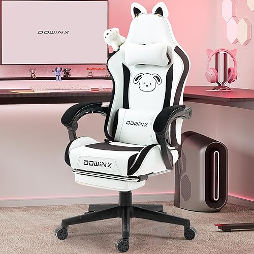 Dowinx Gaming Chair Cute with Plush Doggy and Massage Lumbar Support, Ergonomic Computer Chair for Girl with Footrest and Headrest, Comfortable Game Chair 290lbs for Adult, Teen, Black and White - Black