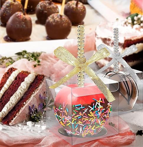 Miniatura 6 de MGWOTH Juego de 20 cajas de manzana de caramelo con agujeros para palitos brillantes, kit de envoltura de manzana caramelo con recipientes