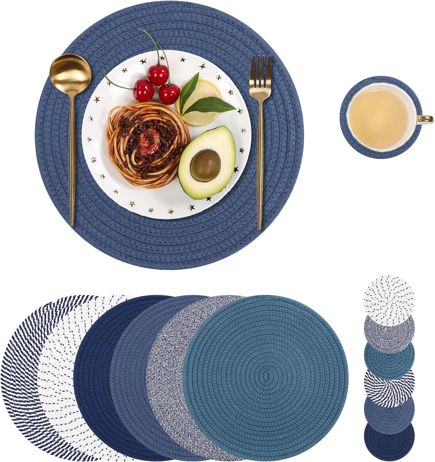 SHACOS Cotton Rope Woven Round Placemats Set of 6 with Coasters, 13 Inch Kitchen Table Place Mats and 5.2 Inch Drink Coasters for Kitchen Dining Table Decorations Trivets Hot Dishes (Blue)
