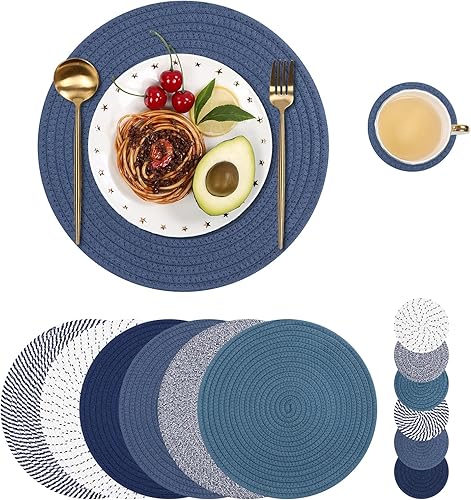 SHACOS Juego de 6 manteles individuales redondos tejidos de cuerda de algodón con posavasos, manteles individuales para mesa de cocina de 13