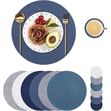 SHACOS Cotton Rope Woven Round Placemats Set of 6 with Coasters, 13 Inch Kitchen Table Place Mats and 5.2 Inch Drink Coasters for Kitchen Dining Table Decorations Trivets Hot Dishes Blue