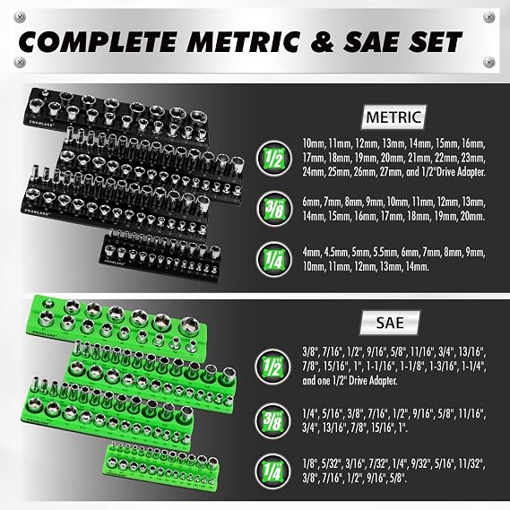 10-Piece Magnetic Socket and Wrench Organizer Set, 1/4, 3/8, 1/2 Drive Metric SAE Socket Organizer, Magnetic Wrench Holder 30 Slots Total, Tool Box Organizers (Sockets Wrenches not Included)