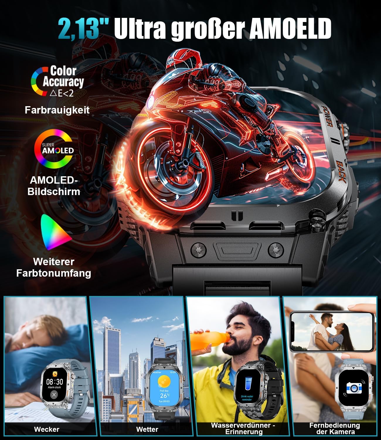 SUNKTA Smartwatch display highlighting 2.13 inch AMOLED screen with color accuracy and various watch faces including alarm, weather, water reminder, and camera remote.