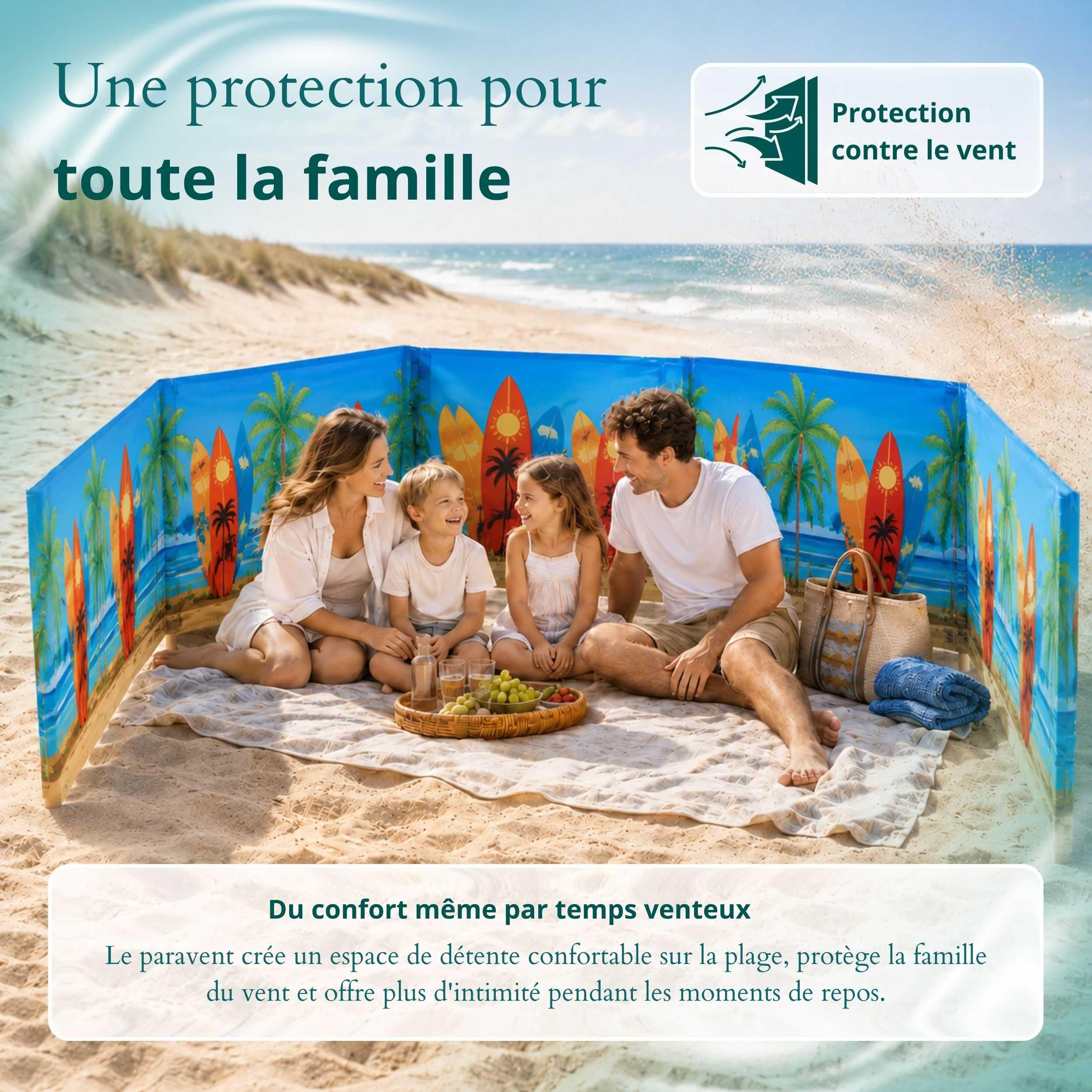 Paravent Plage Microfibres | Brise-Vent 80cm | Planche de Surf 6m | Résistant aux intempéries | Avec cordes | Fait main