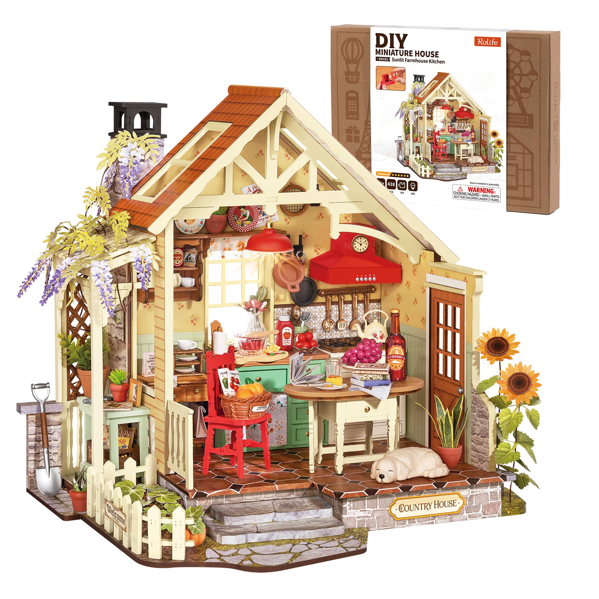 Rolife Miniature Maison de Poupée pour Adultes, Cuisine de Ferme Ensoleillée, Maison Miniature en Bois Style Cottage, Maquette avec Lumières LED, Loisir Créatif Relaxant, Cadeau Noël Femme