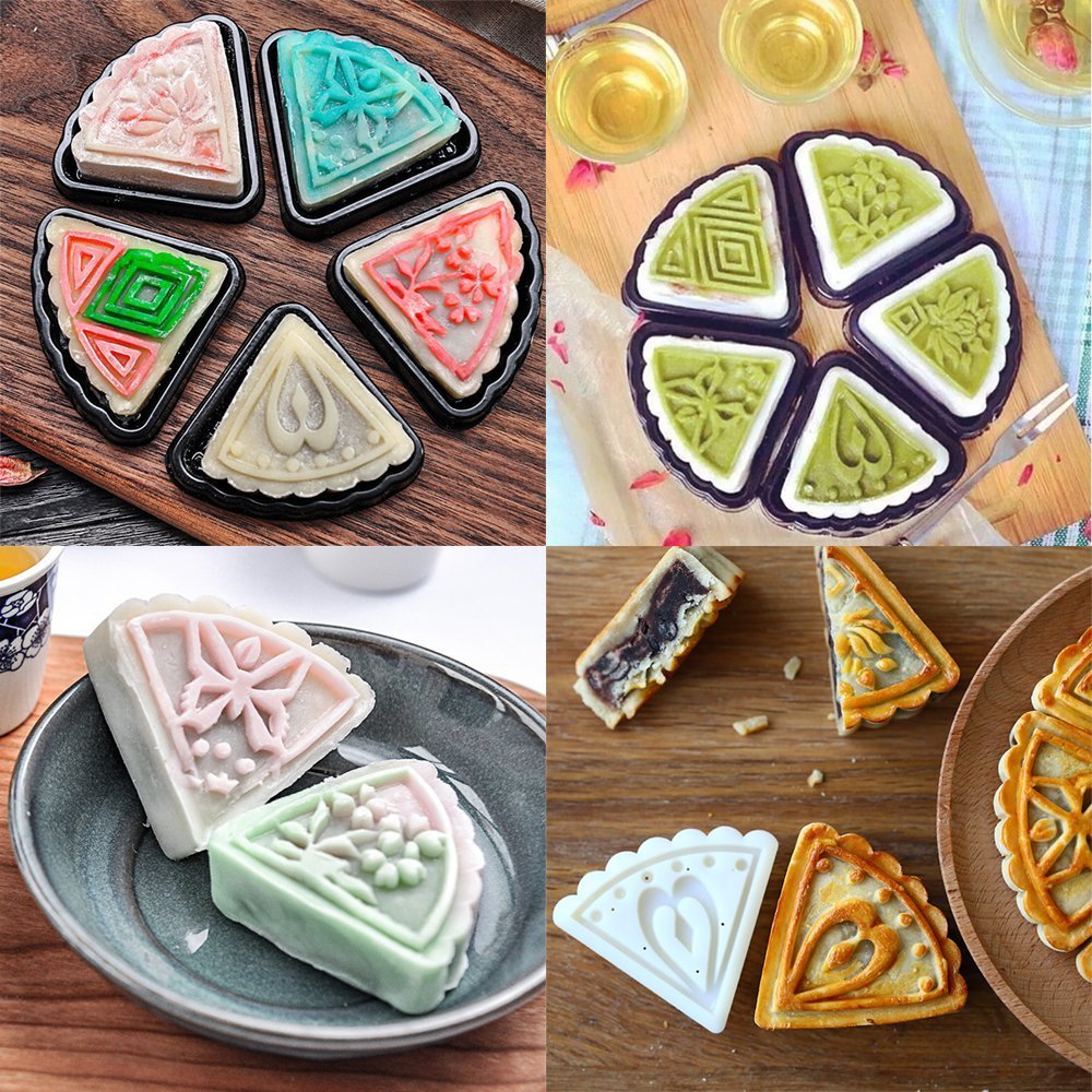 Senhai 2 zestawy foremek Mooncake Mould Press 50 g z 11 znaczkami, kwiaty i trójkątne kształty, narzędzia do dekoracji ciastek DIY, kolor biały