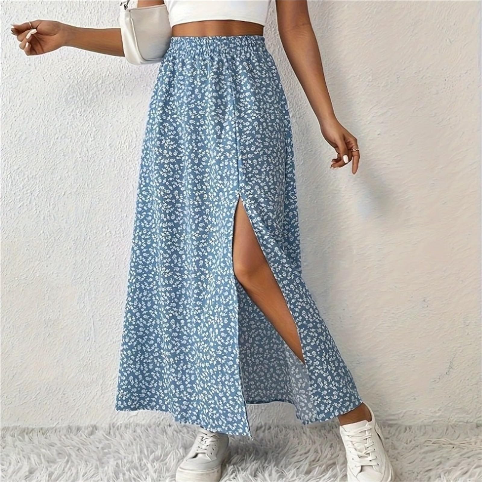 Falda Floral Falda Larga Floral con Abertura en la Cintura Alta for Mujer, Faldas Informales largas de Corte A elásticas Verano for para Mujeres