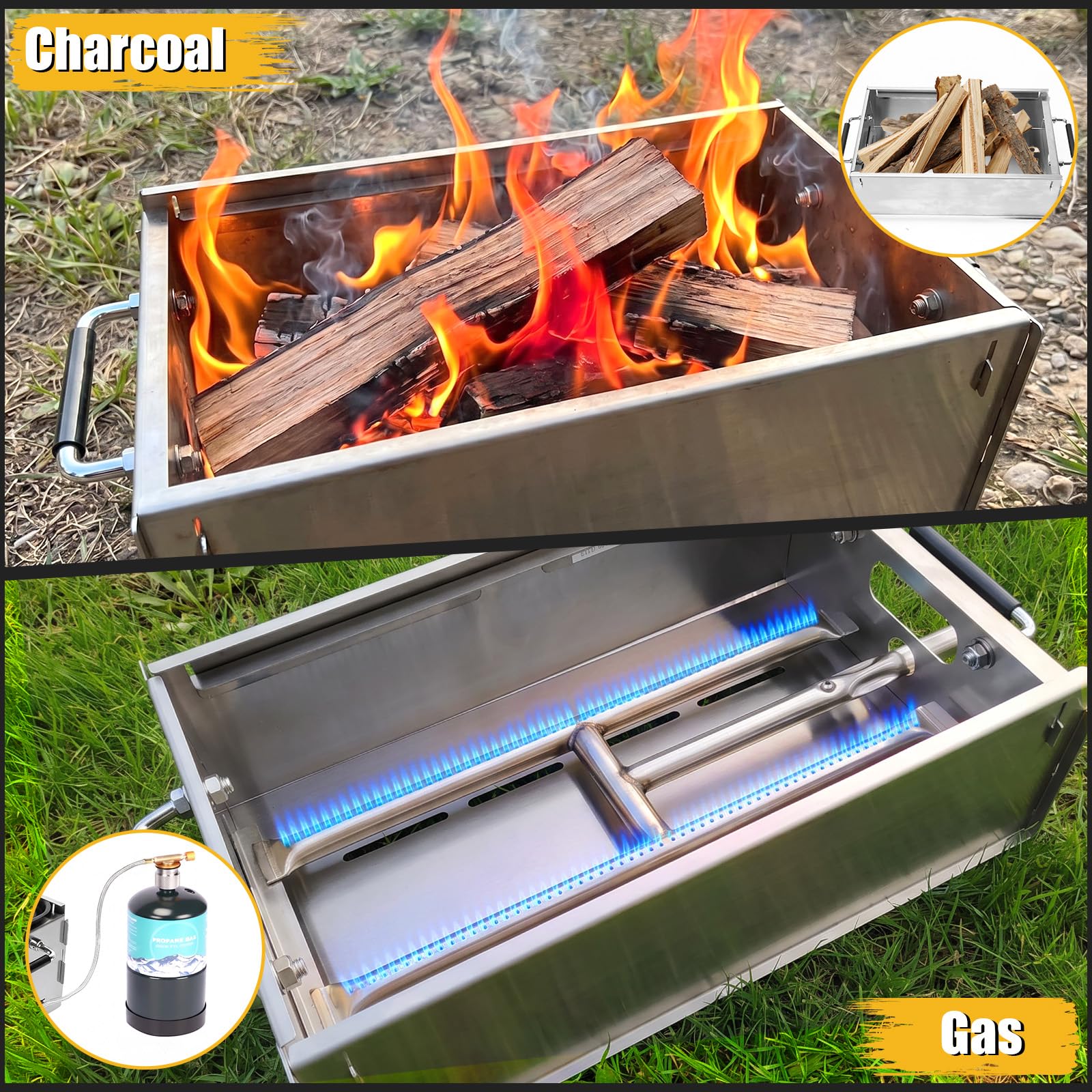 GFTIME Przenośny grill gazowy, grill kempingowy, zasilanie gazowe i węglowe wraz z żeliwną płytą grillową, torbą do przenoszenia, mobilny mały grill, idealny na kemping, do ogrodu, na balkon, do