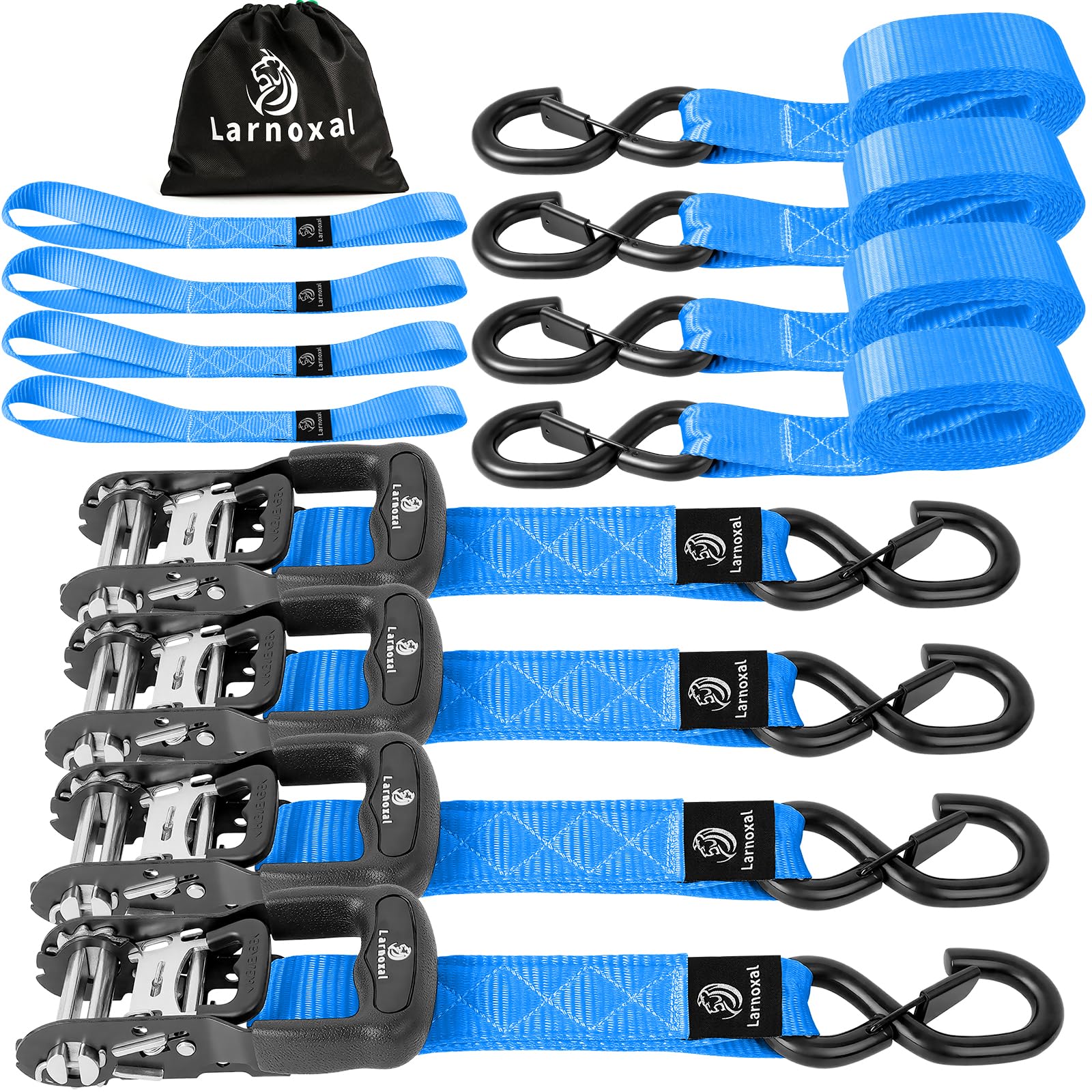 Einziehbare Ratschengurte, 4 Stück, 2,4 kg Bruchfestigkeit, 3,8 cm x 8,2 m, strapazierfähig, einziehbar, Spanngurte mit S-Haken, Set für LKW, Transporter, Anhänger, Motorrad (blau)