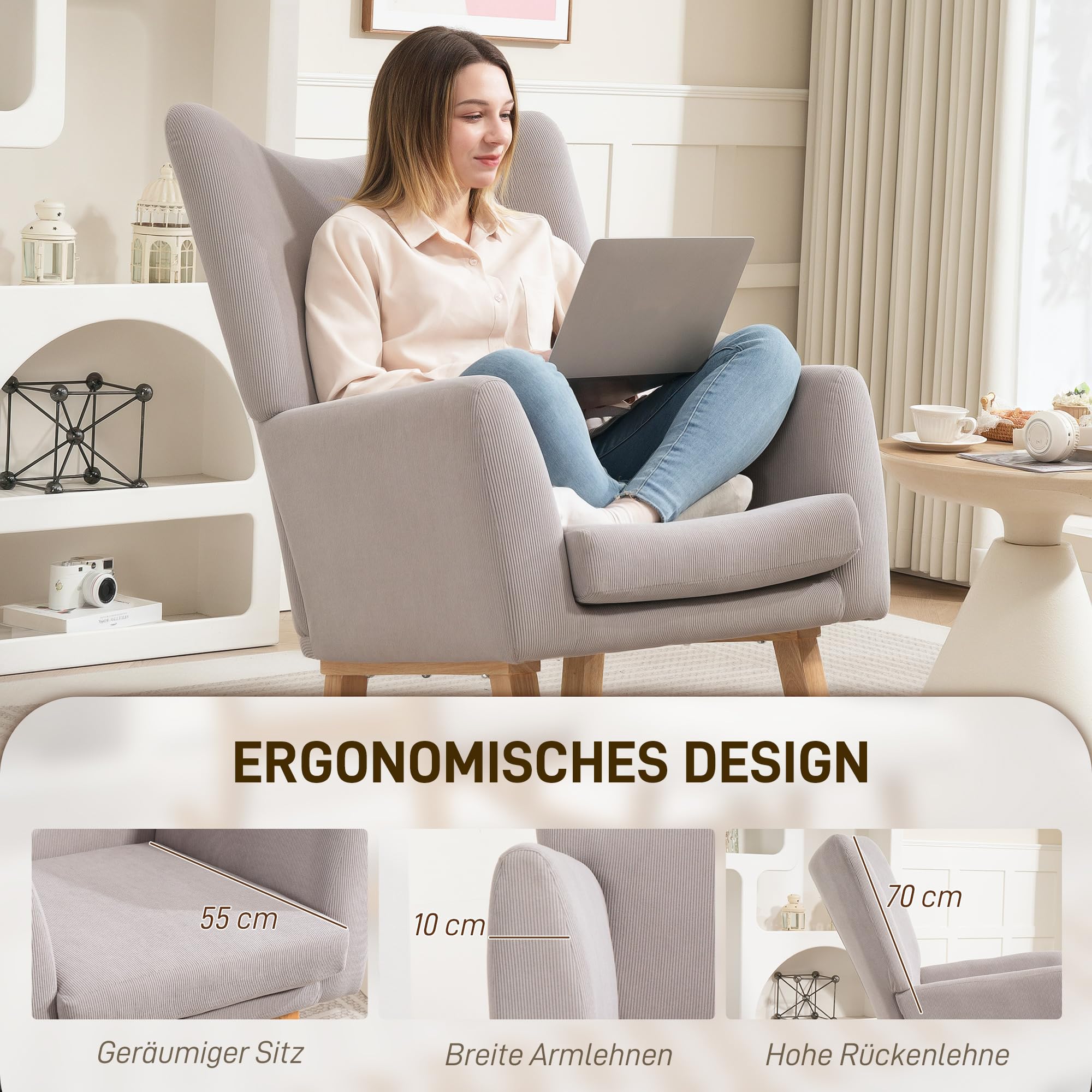 HOMCOM Schaukelstuhl Schaukelsessel mit hoher Rückenlehne, Cord-Optik, Schwingsessel Sessel Relaxsessel mit breite Armlehne, Holzkufen, Stillsessel für Wohnzimmer, Schlafzimmer, Balkon Hellgrau