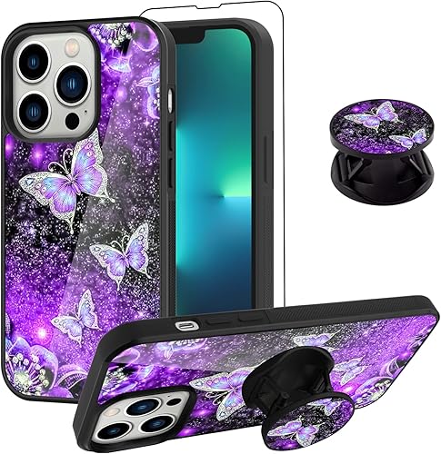 Funda para iPhone 13 Pro con purpurina de mariposa morada para mujeres y niñas, con protector de pantalla + soporte Funda protectora antideslizante