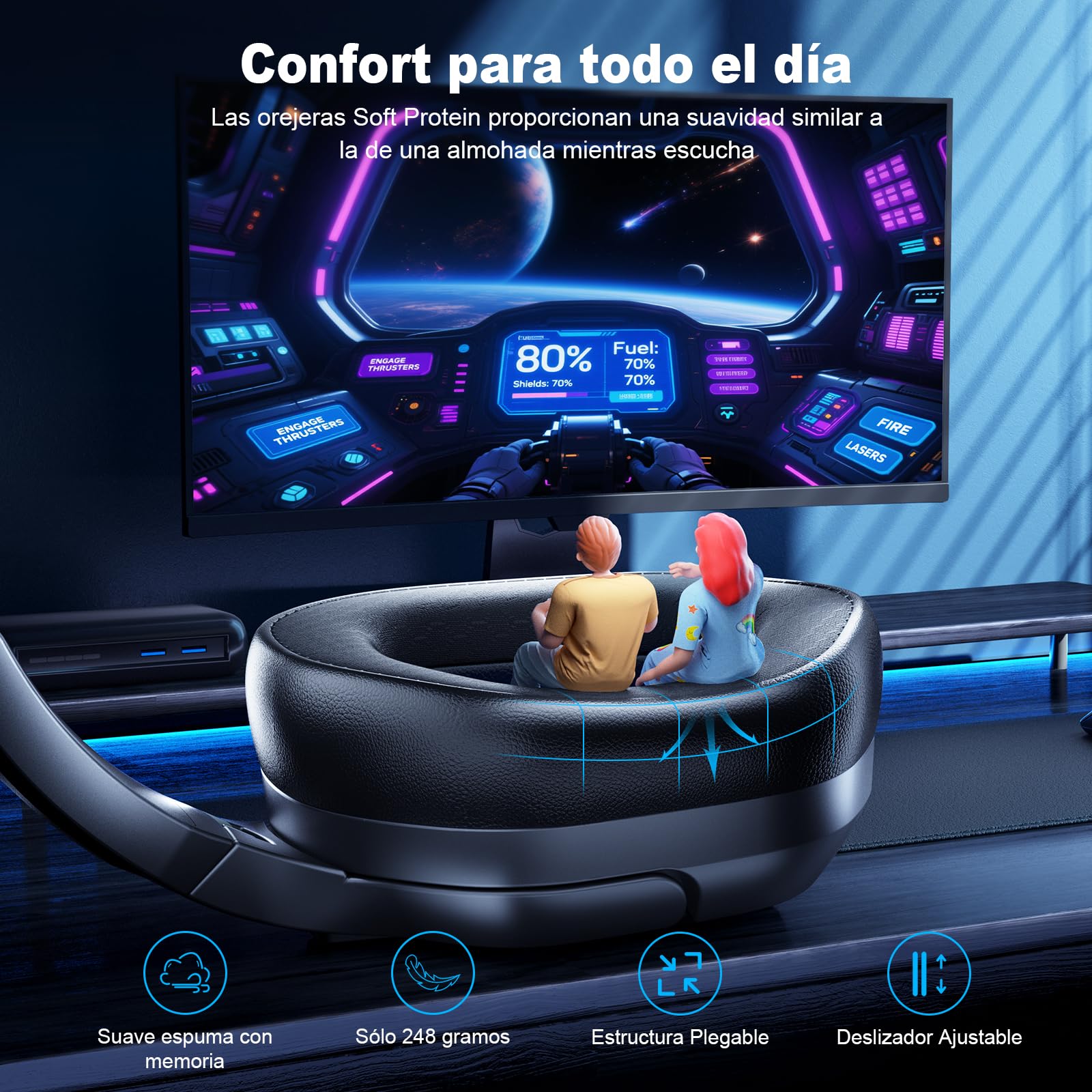 Fachixy FC200 Cascos Gaming Inalámbricos, 2.4GHz Bluetooth Auriculares Gaming Inalambricos para PS5, PS4, PC, Switch, Cancelación de Ruido de Baja latencia, luz LED, Duración 50Hr