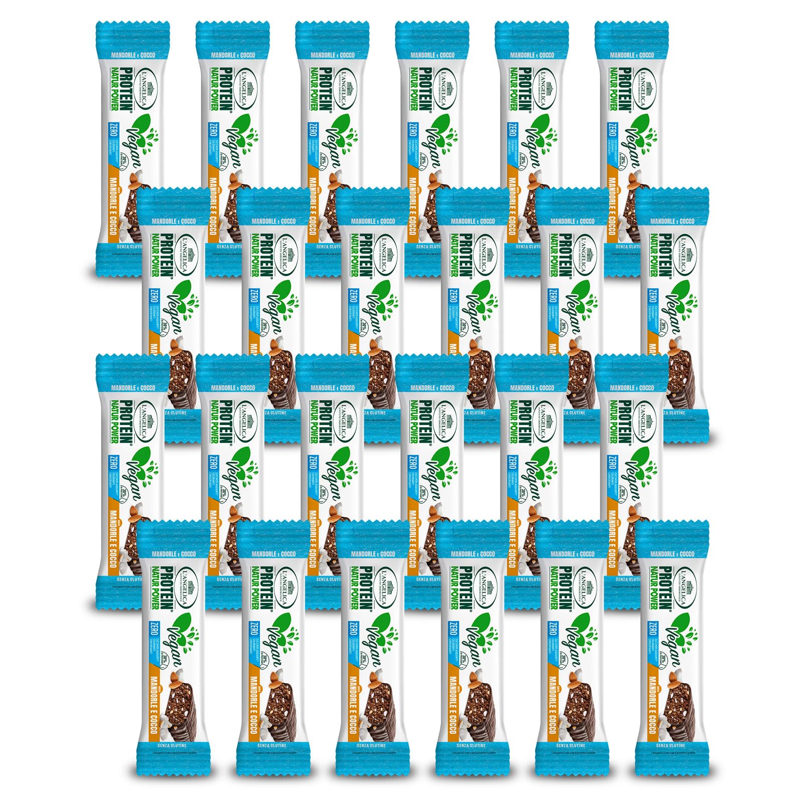 L'Angelica Natur Power, Barrette Proteiche Vegane Gusto Mandorle e Cocco, Senza Glutine e Zuccheri Aggiunti, Snack Proteici Senza Conservanti e Coloranti, 24 Confezioni da 45 gr
