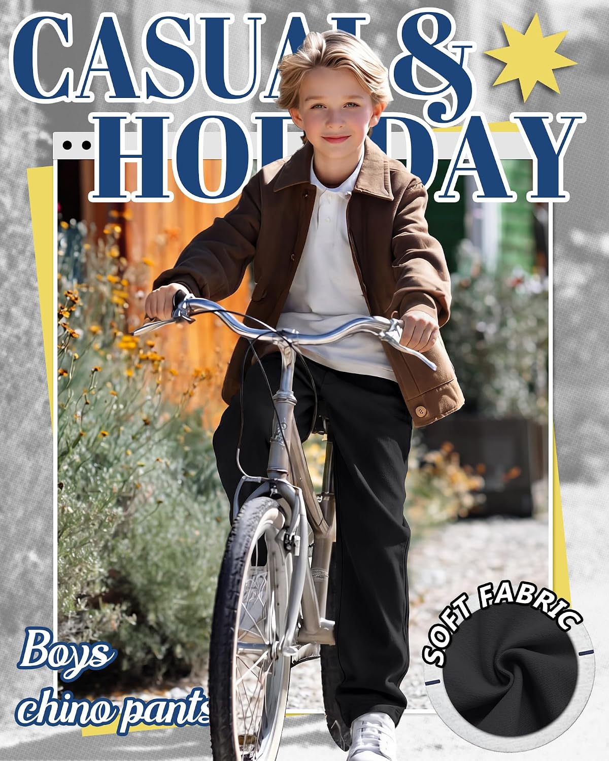 Boys' Pants Cotton School Uniform Chino Pants with Back Elastic Waist and Pockets Straight Trousers for 6-16 Years