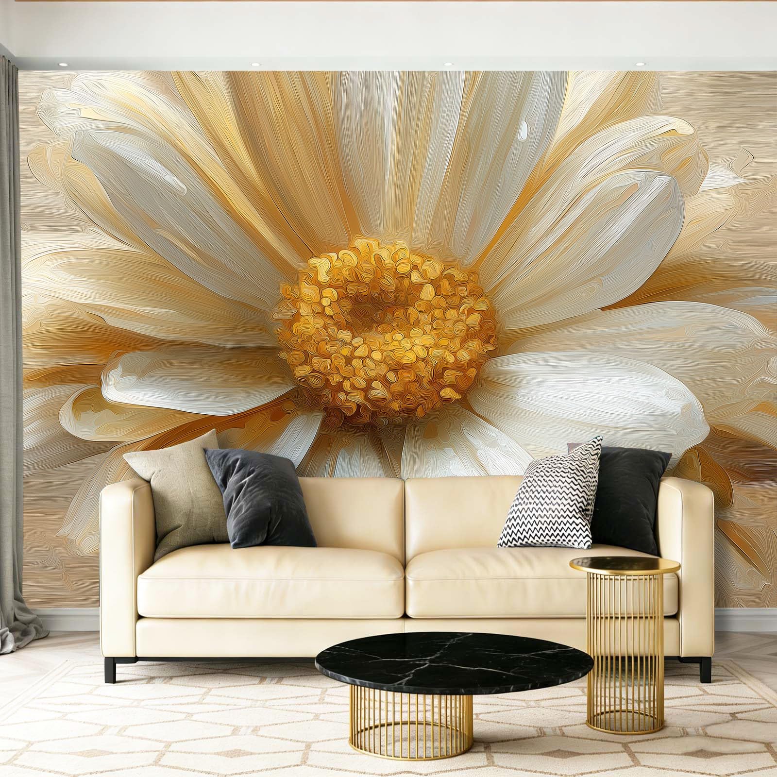 Papier peint panoramique marguerite 300x210 cm peinture huile blanc cassé pour salon