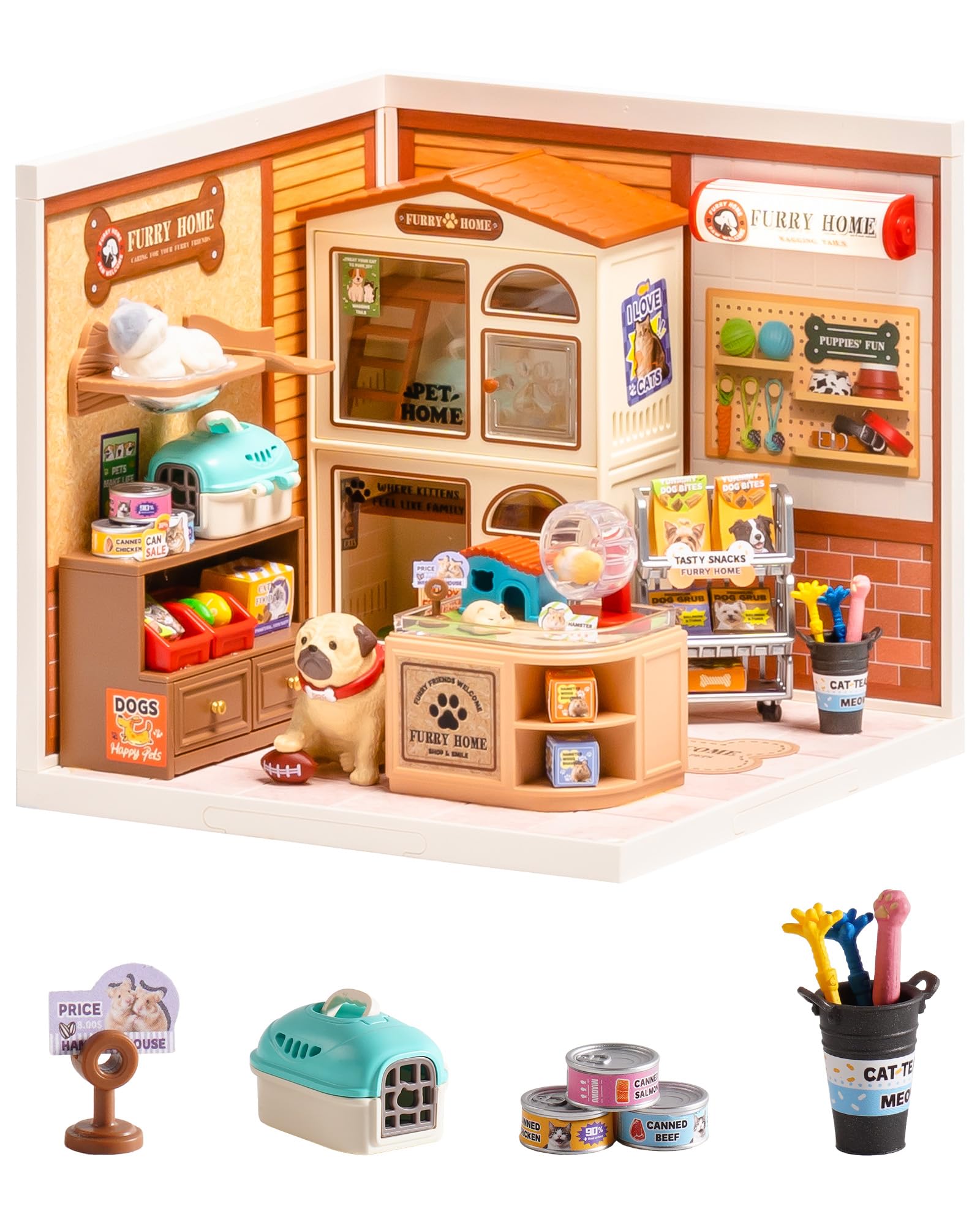 Rolife Super Creator Furry Friends' Home, Tienda de Mascotas DIY con Iluminación LED, Kit Sin Pegamento Modular, Casa de Muñecas Coleccionable, Regalo Original para Amante Animal