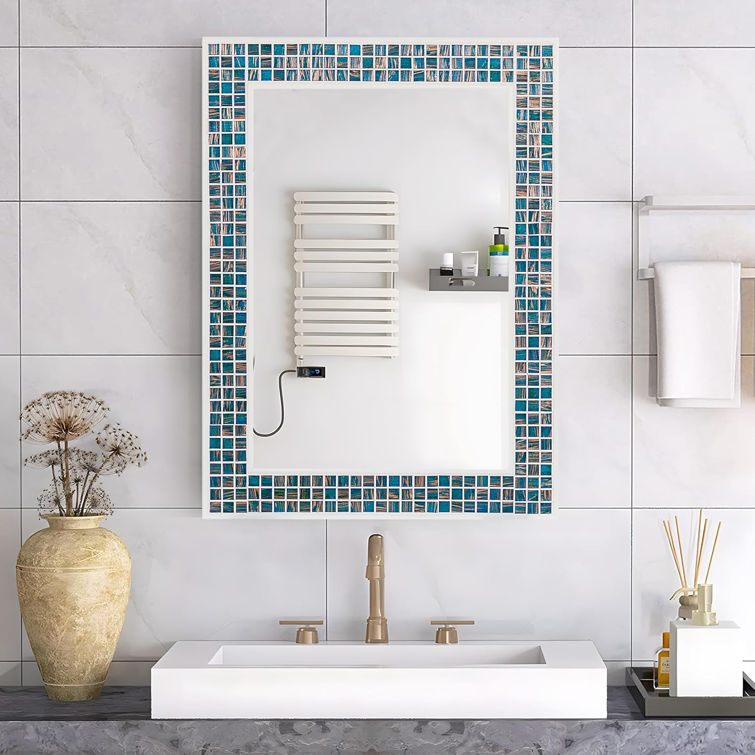 YOSHOOT Handmade Mosaic Mother of Pearl Bathroom Mirror - Seattle Deep Blue Wall Vanity, Vertical/Horizontal Hanging Decor