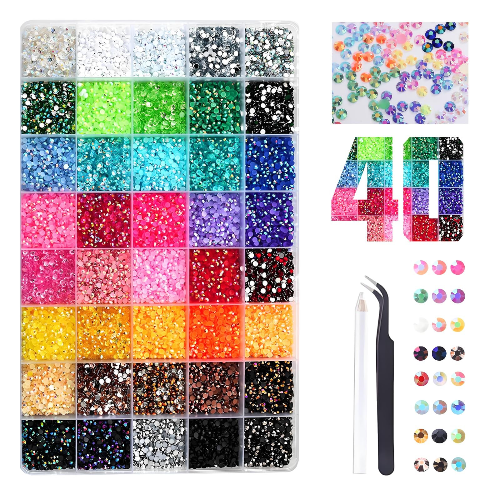 Brillantini Unghie 32000 Pcs 40 Colori Rhinestones 3mm, Cristalli per Bigiotteria e Nail Art, Decorazioni Unghie e Brillantini Viso con Pinzetta e pastello (Senza Colla)