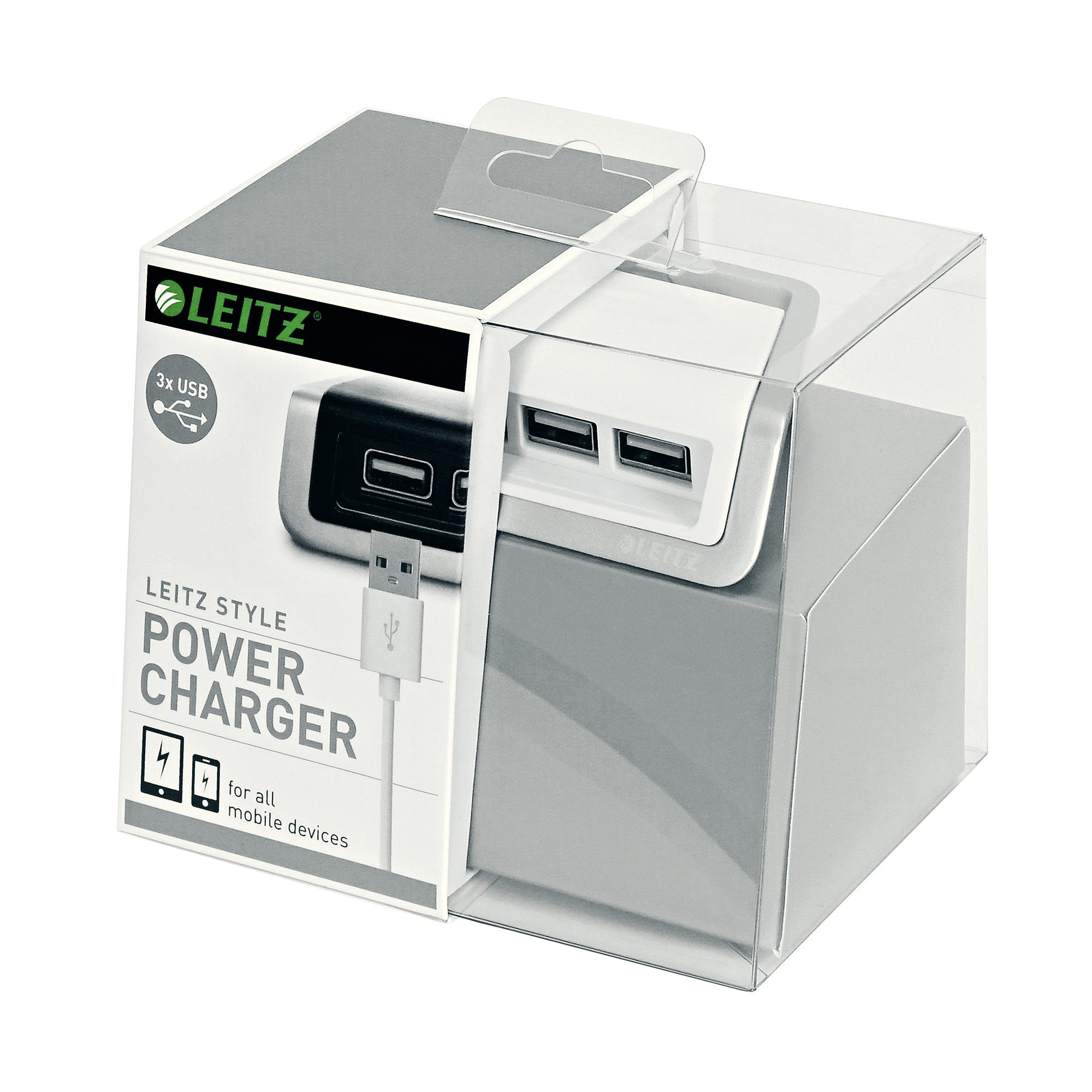 Power Charger USB Artic White Leitz Style 62070004 Leitz Style Compact USB Charger for silmultenously powering 3 Devices