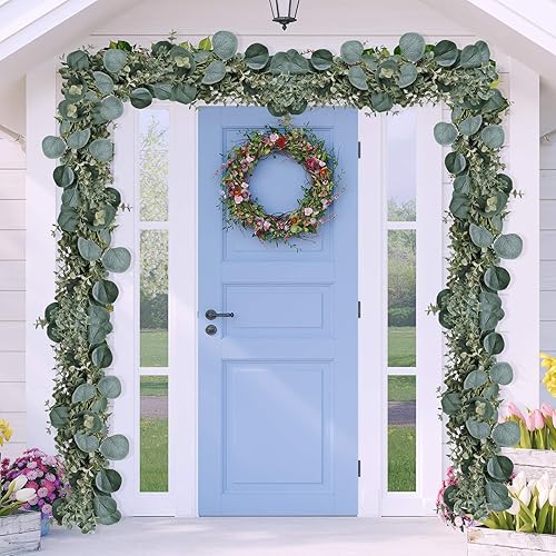 Miniatura 8 de Guirnalda de eucalipto sintético de 8.3 pies de largo, eucalipto de dólar plateado para arco de boda, guirnalda, telón de fondo, puertas, repisa,