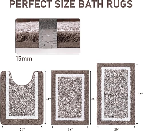 Miniatura 2 de Pauwer Juego de alfombras de baño de 3 piezas con contorno en forma de U, tapete de baño de microfibra absorbente de felpa antideslizante, lavable a
