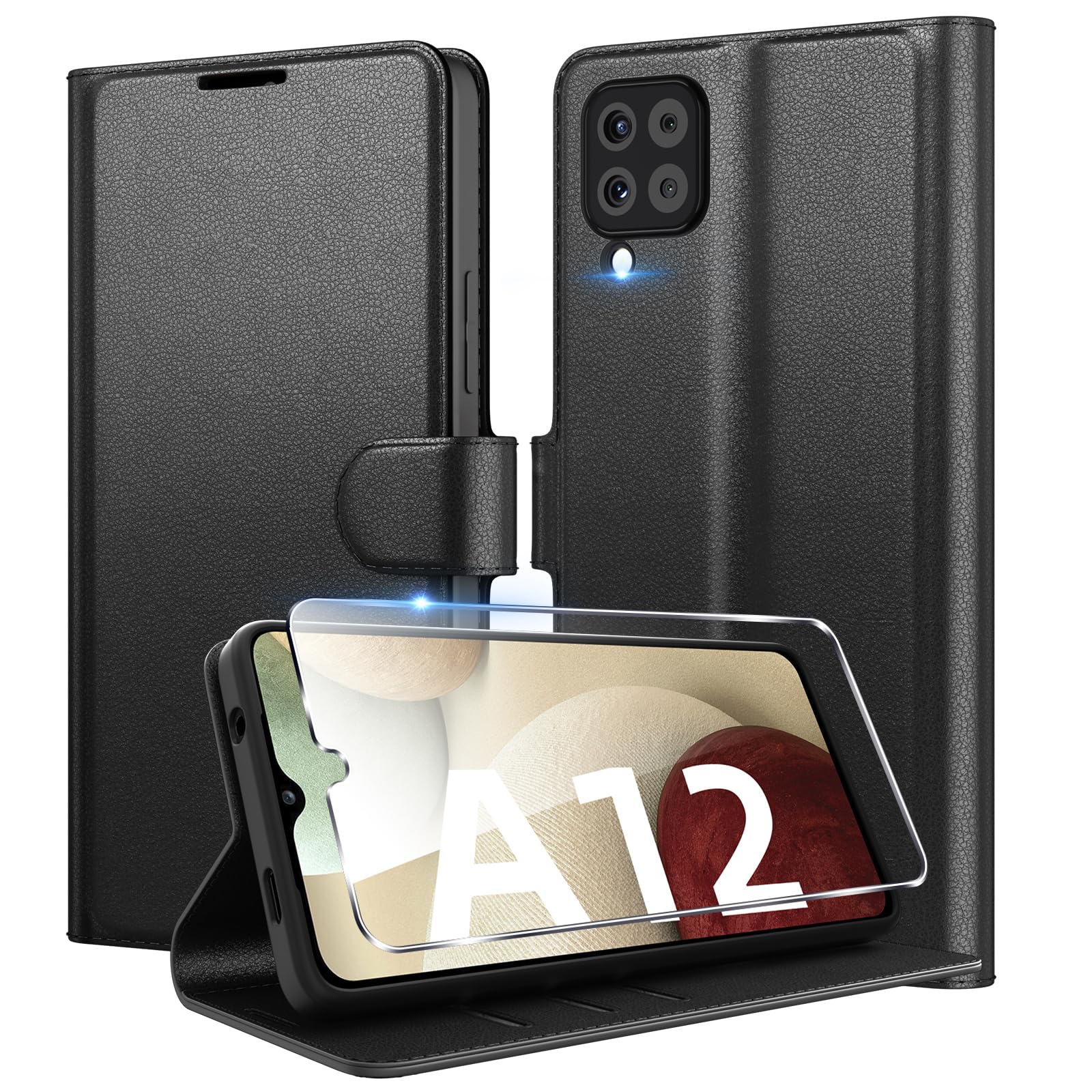 Eirltiy Cover per Samsung Galaxy A12 / M12 Portafoglio Pelle PU Premium, Custodia Scomparti Carte Antiurto Protettiva Case con 1 Vetro Temperato, Nero