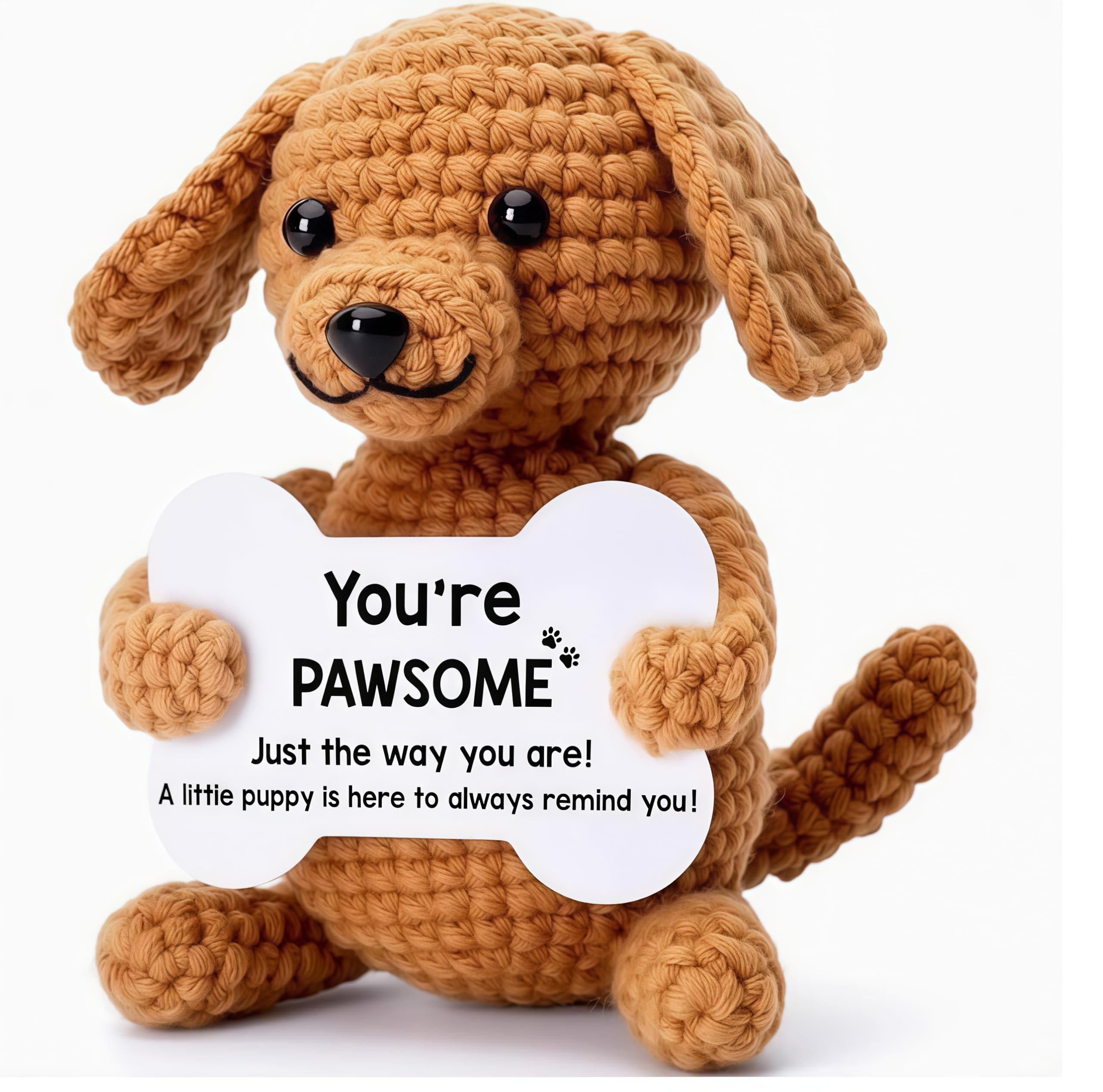 QIANSSE Crochet Puppy Plush, Handmade Soft Yarn Dog Lover Gift with “You're Pawsome” Message Motivational Cute Dog Ornaments for Home Unique Appreciation for Dog Owners