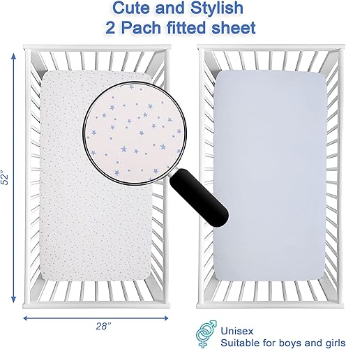 Miniatura 5 de Paquete de 2 sábanas bajeras de punto 100  algodón para cuna de bebé 28 x 52 pulgadas con patrón para bebé certificado OEKO-TEX