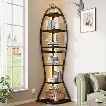 Artistic Fish-Inspired Corner Shelf with LED Lights, 6-Tier Tall Corner Bookshelf with Multi-Depth Display, Space-Saving Storage Unit with Remote Control for Bedroom & Living Room
