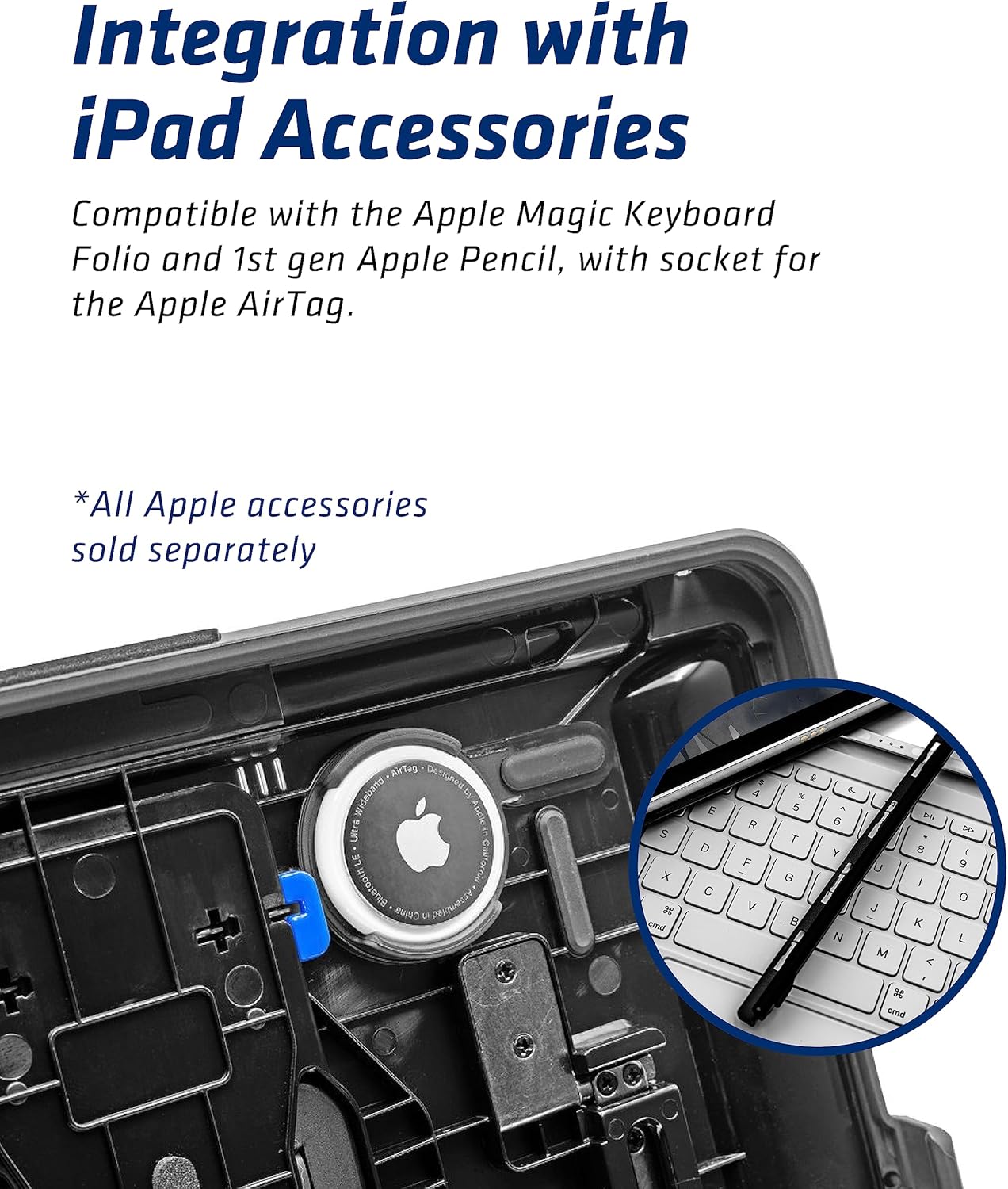 Close-up of the PIVOT A22A Atlas Tablet Case showing the Apple Pencil slot and AirTag சாக்கெட்.