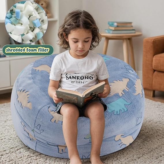 COMAX Bean Bag Chairs for Kids, 3-in-1 Dinosaur Kids Bean Bag Bed | Convertible Toddler Beanbag Chair Couch with Filler Included, Glowing Dino Children Bean Sofa for Boys and Girls