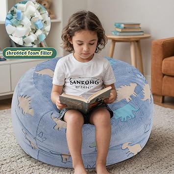 COMAX Bean Bag Chairs for Kids, 3-in-1 Dinosaur Kids Bean Bag Bed | Convertible Toddler Beanbag Chair Couch with Filler Included, Glowing Dino Children Bean Sofa for Boys and Girls
