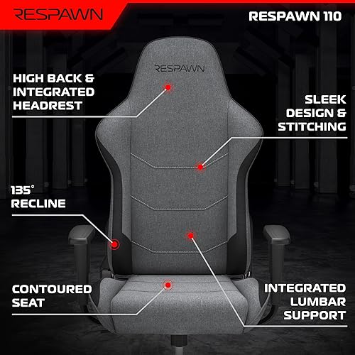 Miniatura 3 de Respawn Silla ergonómica 110 para juegos, silla giratoria reclinable de videojuegos de oficina con soporte lumbar, reposacabezas, resistente, Tela