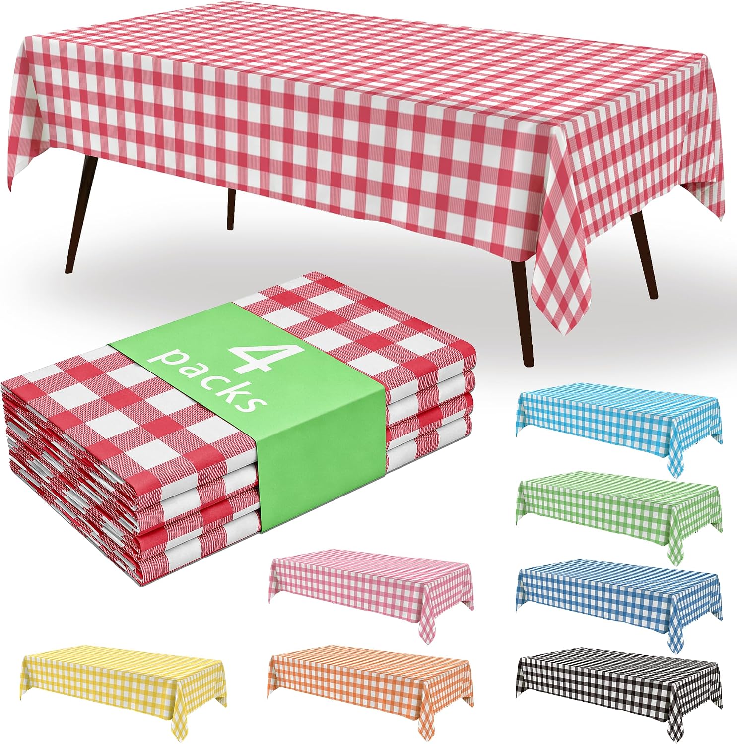 4 Pack Disposable Plastic Tablecloths, 54 x 108 Inch Waterproof Red White Gingham Check Table Covers, Rectangle Spillproof Table Cloths for Picnic, Birthday Party, Back to School Supplies