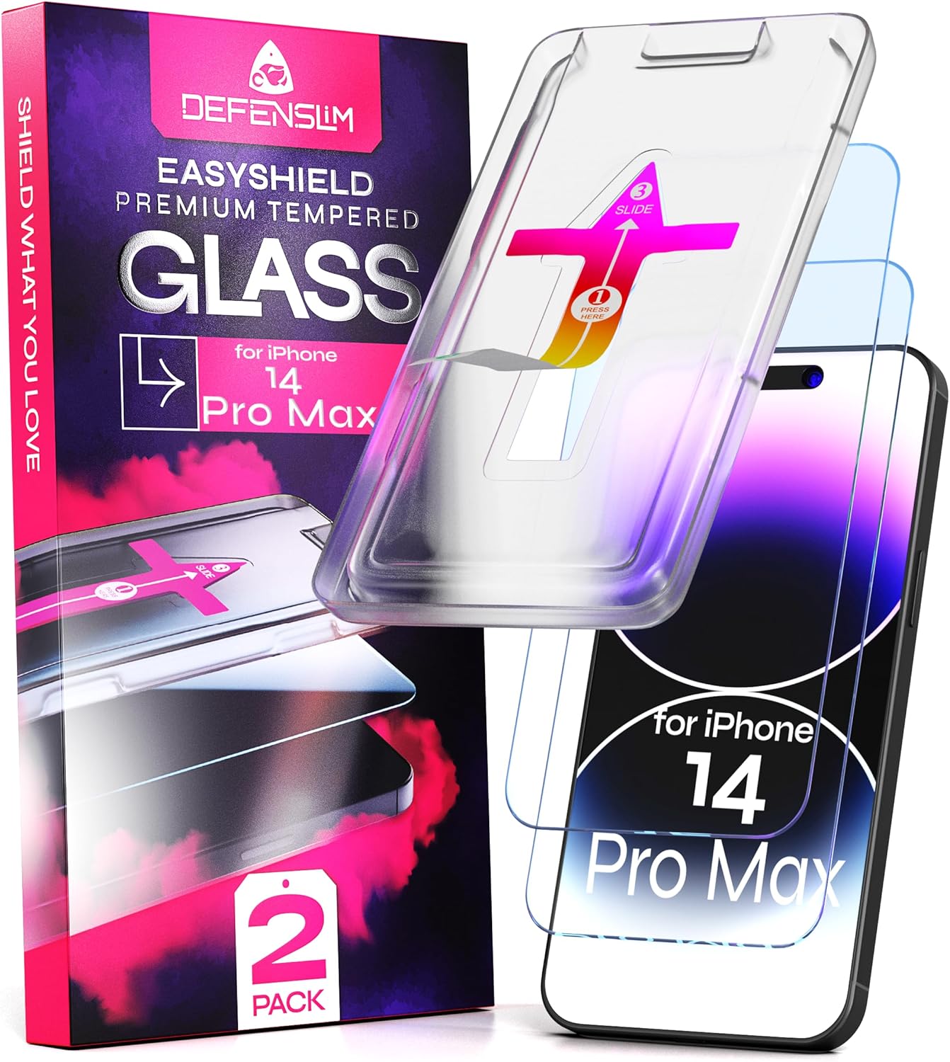 Screen Protector for iPhone 14 Pro Max (2 Pack) Easy Install | 6.7" Tempered Glass | 9H Hardness | Ultra HD Clear | Case Friendly | Auto-Align Kit | EasyShield