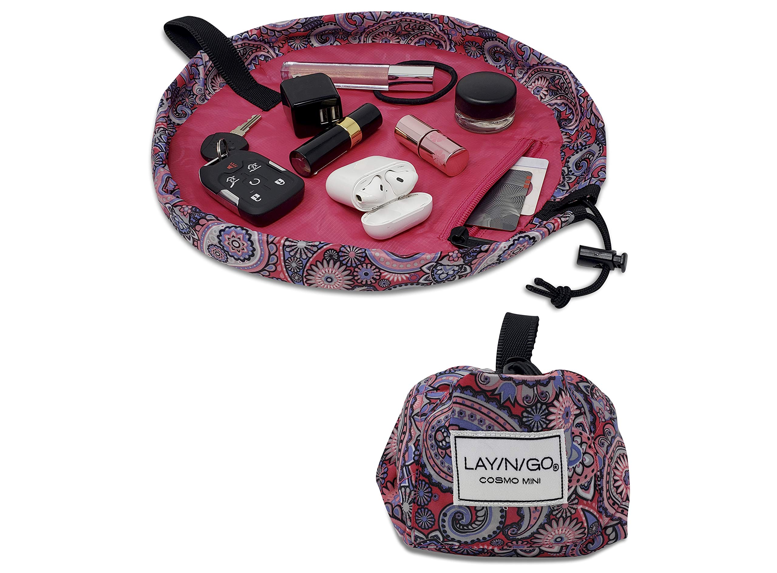 Lay-n-Go Cosmo Mini Drawstring Cosmetic & Makeup Bag Organizer, Toiletry Bag for Travel, Gifts, and Daily Use, 13 inch, Pink Paisley