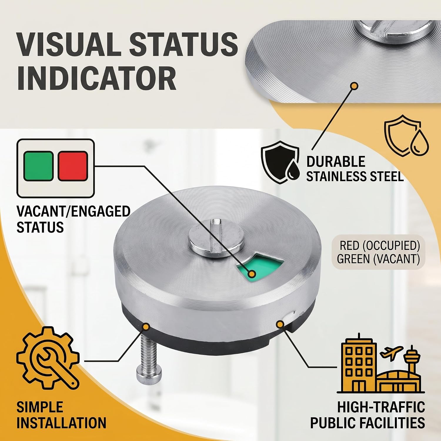 Door Lock Indicator, Indicator Deadbolt Toilet Bathroom Lock Vacant/Engaged Chrome Partition Door (Satinless Steel)