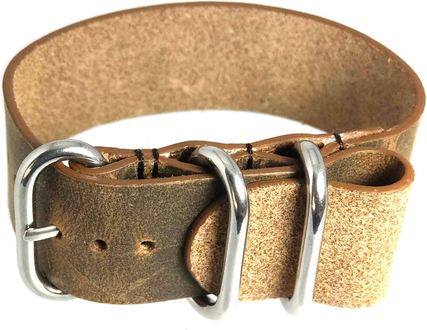 time+ 3-Ring Military Style Distressed Vintage Leather Watch Strap Brown - Choose Hardware & Width (18mm,20mm,22mm,24mm)