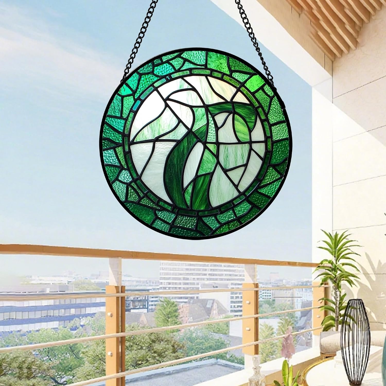 Stained Glass Window Hanging Abstract Green Plants 7.8" - Suncatcher Door Garden Sun Catcher Home Ireland Decor Birthday Mother's St Patrick's Day Gifts for Mom Men Woman Wife Friends image 4