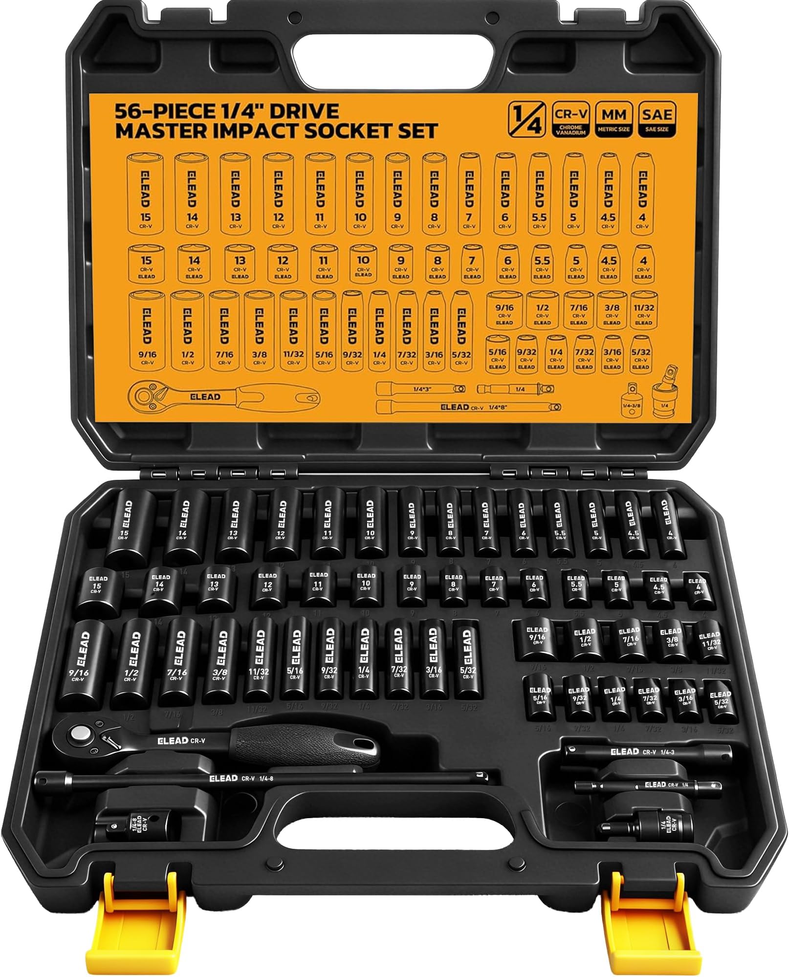 1/4" Drive Impact Socket Set - 56 Piece Shallow & Deep Socket Set Metric and Standard Full Universal Joint, Extension Bar, 3/8 to 1/4 Reducer, Hex Shank Socket Adapter, Ratchet Handle