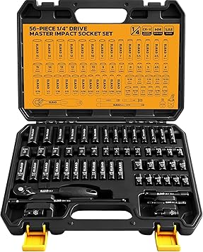ELEAD 1/4" Drive Impact Socket Set, 56-Piece Standard SAE (5/32 to 9/16 inch) and Metric (4-15mm) Size, Deep & Shallow, 6 Point, Cr-V, 72-Tooth Ratchet Handle, Extension Bar, Universal Joint