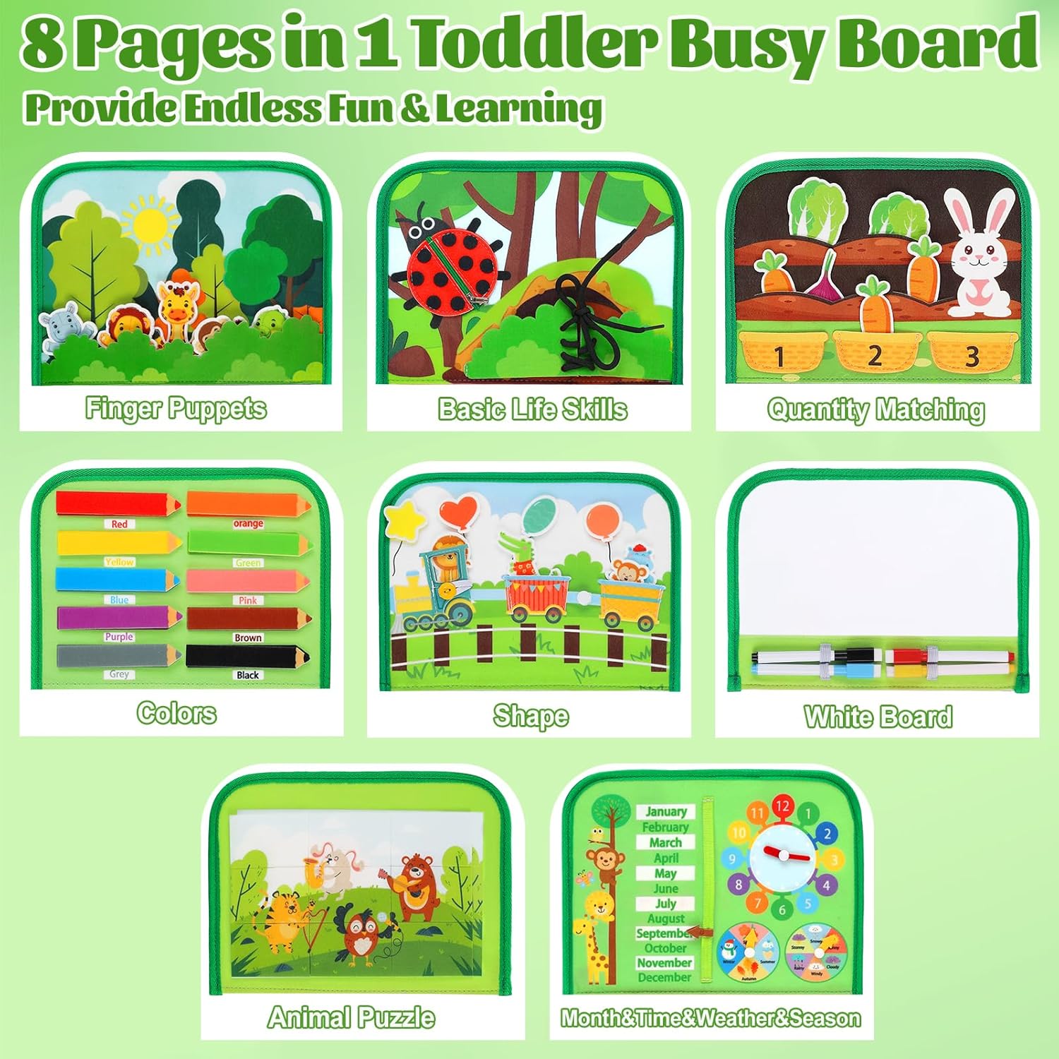 Busy Board for Toddlers, Montessori Toys for Boys Girls, Educational Learning Activity Quiet Book with Life Skills, Toddler Travel Toys Birthday Gifts (Green)