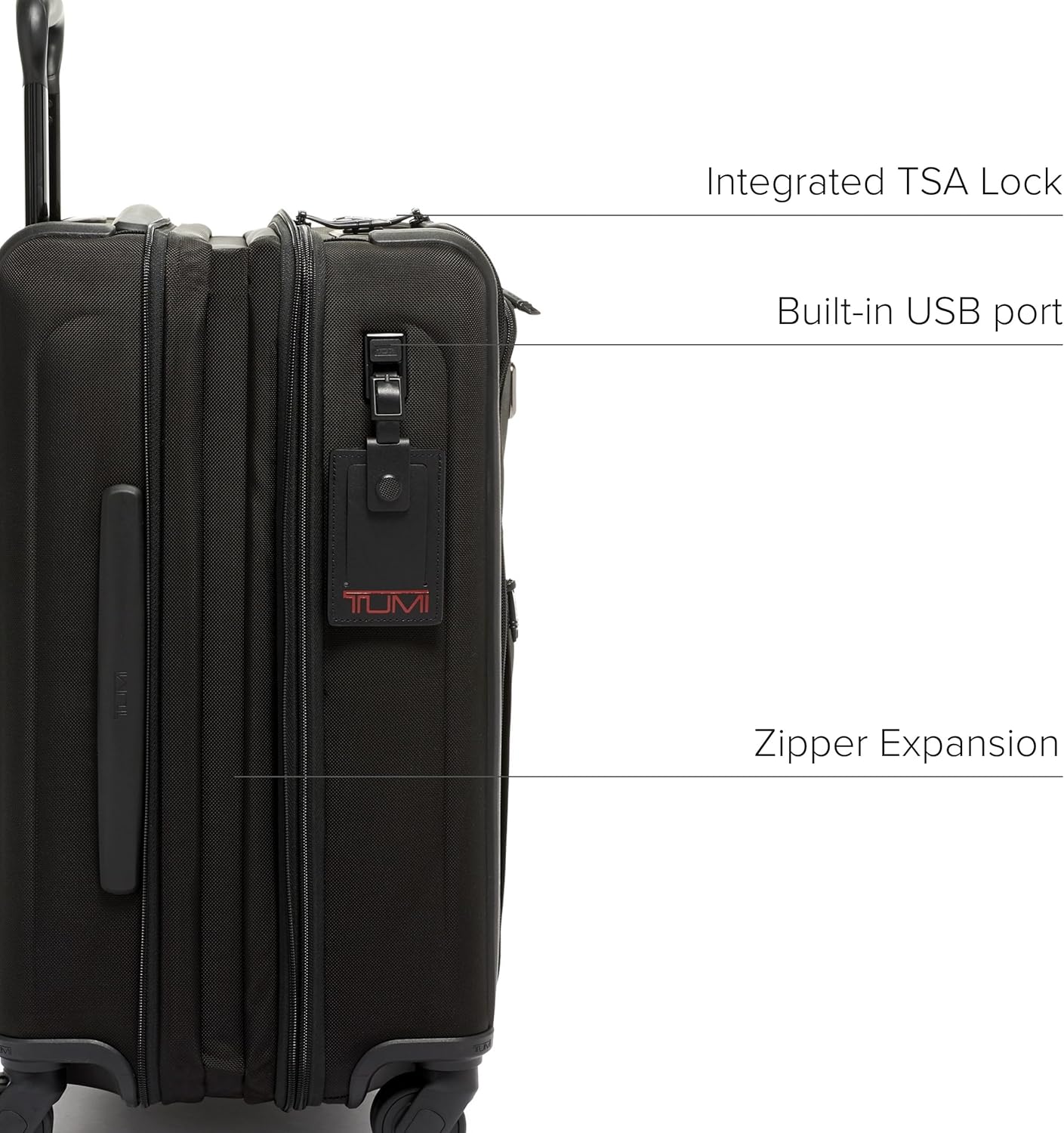 Side view of TUMI Alpha Dual Access Carry-On Luggage showing TSA lock, USB-C port, and expansion zipper.