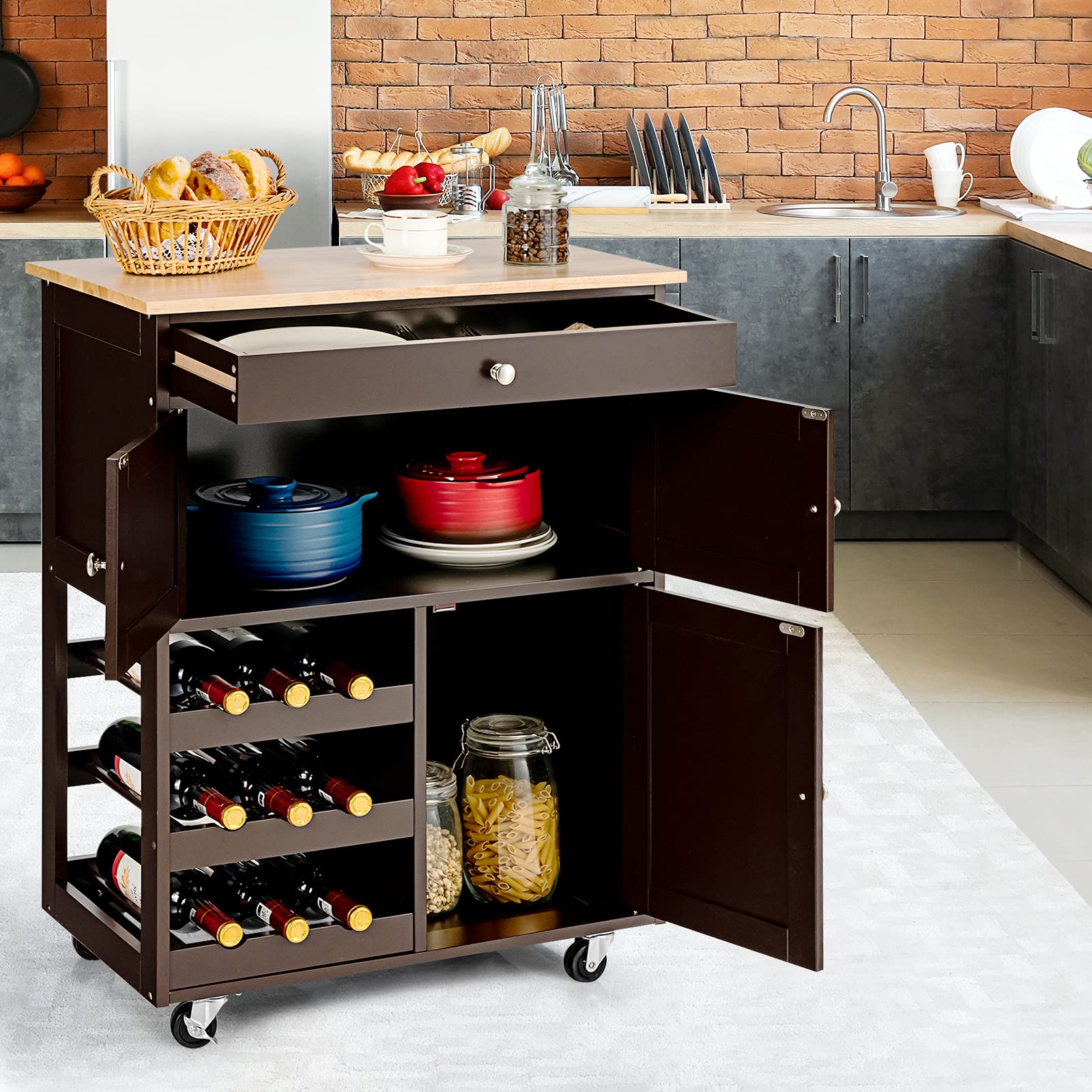Giantex Kitchen Island Cart, Rolling Kitchen Trolley Cart, Wood Storage