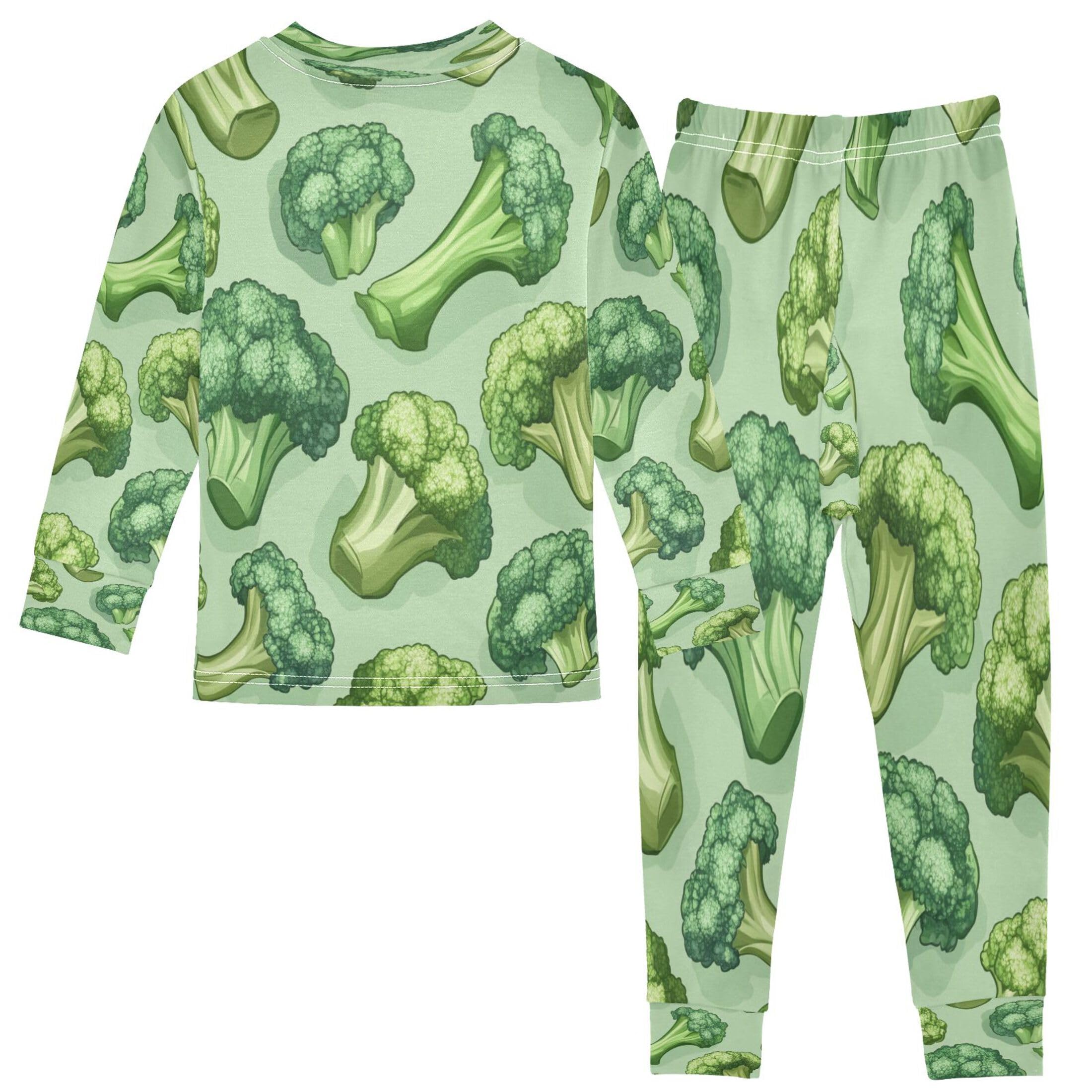 Vozoza Food Broccoli Green Pajama Sets Long Sleeve Top with Pants Cotton Soft Sleepwear 2 Piece Pjs Set Size 3T